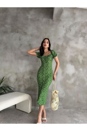 لباس سبز زنانه بافتنی پنبه - پلی استر - الاستن طرح گلدار اسلیم فیت آستین-کوتاه کد 815369402