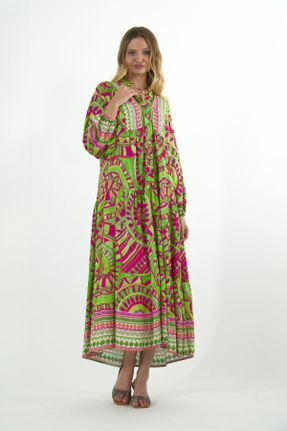 لباس سبز زنانه پنبه (نخی) اورسایز آستین-بلند بیسیک کد 804781242