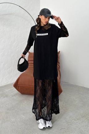 لباس مشکی زنانه بافتنی دانتل لش آستین-بلند پارتی کد 840089800