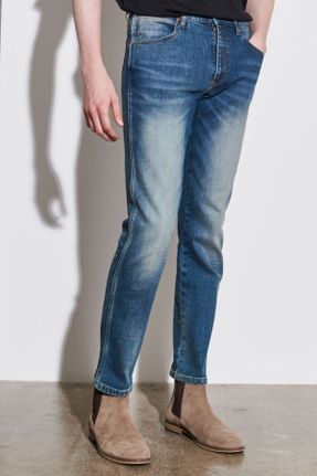 شلوار جین آبی مردانه پاچه ساده فاق افتاده پنبه (نخی) ساده کد 791838748