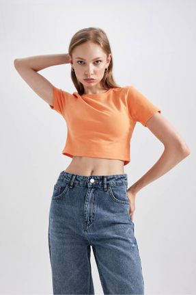 تی شرت نارنجی زنانه Fitted یقه گرد پنبه (نخی) تکی بیسیک کد 840100284