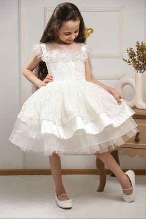 لباس مجلسی سفید بچه گانه دانتل بدون آستین رگولار یقه گرد آستر دار کد 813445705