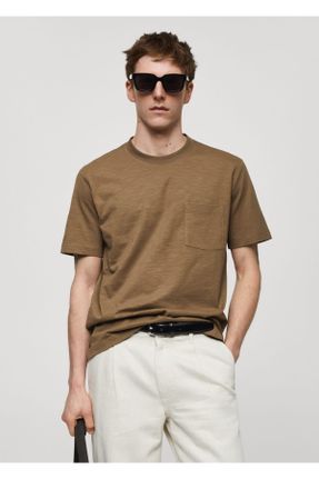 تی شرت خاکی مردانه رگولار یقه خدمه پنبه (نخی) کد 824219725