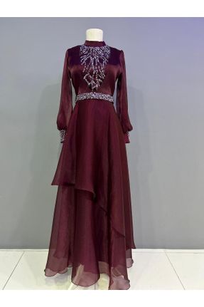 لباس مجلسی زرشکی زنانه یقه گرد شیفون اسلیم کد 834393374