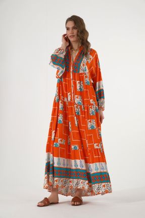 لباس نارنجی زنانه پنبه (نخی) اورسایز آستین-بلند بیسیک کد 804806667