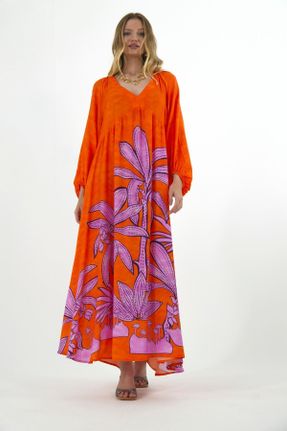 لباس نارنجی زنانه پنبه (نخی) اورسایز آستین-بلند بیسیک کد 825551468