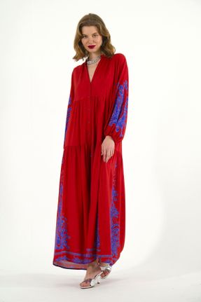 لباس قرمز زنانه پنبه (نخی) اورسایز آستین-بلند بیسیک کد 816201271
