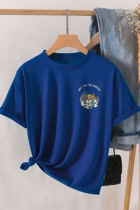 تی شرت آبی زنانه اورسایز یقه گرد تکی کد 809635273