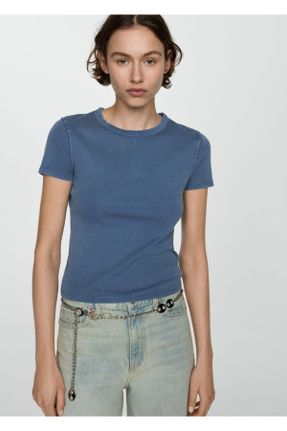 تی شرت آبی زنانه رگولار یقه خدمه پنبه (نخی) کد 824220007