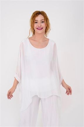 لباس سفید زنانه بافتنی ابریشم اورسایز آستین-بلند کد 749577444