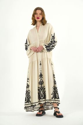 لباس بژ زنانه پنبه (نخی) اورسایز آستین-بلند بیسیک کد 816201897