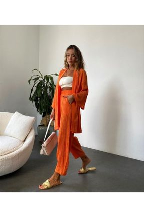 ست نارنجی زنانه جین اورسایز فاق بلند کد 654597240