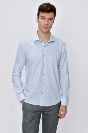 پیراهن آبی مردانه اسلیم فیت یقه پیراهنی پنبه - پلی استر کد 31651223