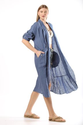 کیمونو آبی زنانه کتان بافتنی بلند کد 840067536