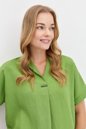 تی شرت سبز زنانه رگولار یقه پیراهنی مخلوط ویسکون تکی کد 811837151