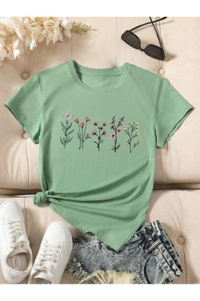 تی شرت سبز زنانه اورسایز یقه گرد پنبه (نخی) تکی طراحی کد 840083777