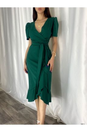 لباس مجلسی سبز زنانه کرپ آستین کوتاه یقه دوبل بدون آستر کد 329901234