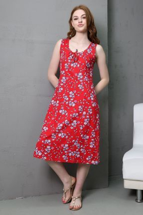 لباس قرمز زنانه بافتنی طرح گلدار سایز بزرگ بند دار کد 825017936