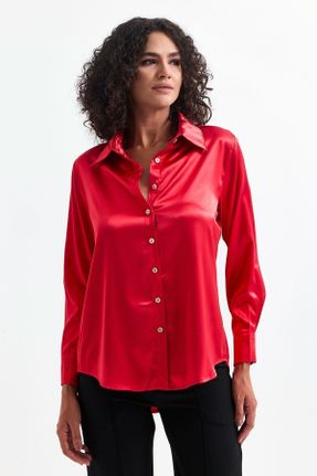 پیراهن قرمز زنانه ریلکس فیت یقه پیراهنی ساتن کد 816174341