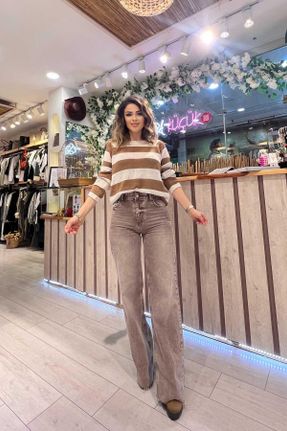 شلوار جین قهوه ای زنانه فاق بلند جین بلند کد 822176898