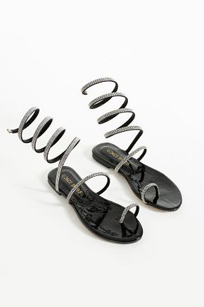 صندل مشکی زنانه پاشنه تخت Gökçe Shoes - کد 840156539
