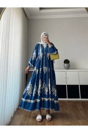 لباس آبی زنانه بافتنی ویسکون اورسایز آستین-بلند کد 839850090
