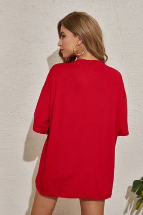 تی شرت قرمز زنانه اورسایز یقه گرد تکی کد 681501841