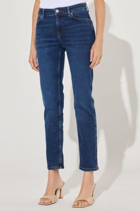 شلوار جین آبی زنانه پاچه ساده فاق بلند پنبه (نخی) ساده کد 792121426