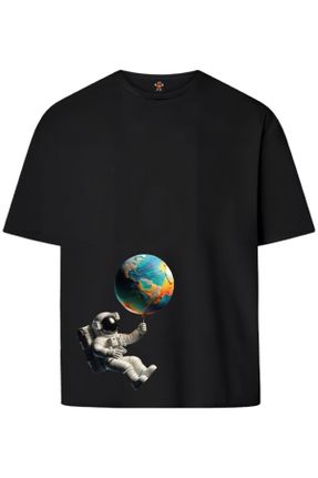 تی شرت مشکی زنانه ریلکس یقه گرد طراحی کد 835730533