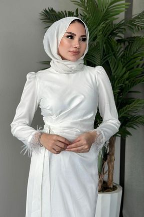 لباس مجلسی سفید زنانه یقه گرد ساتن رگولار کد 681633846