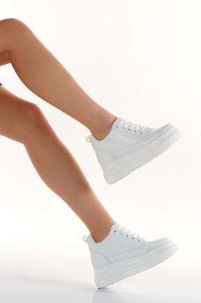 کفش اسنیکر سفید زنانه بند دار چرم مصنوعی کد 811177367
