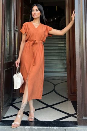لباس نارنجی زنانه بافتنی رگولار آستین-کوتاه کد 810930830
