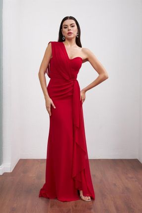 لباس مجلسی قرمز زنانه شیفون اسلیم فیت یقه آسیمتریک آستر دار کد 682716620
