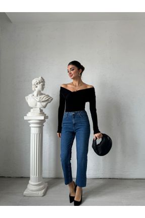 شلوار جین آبی زنانه فاق بلند استاندارد کد 789041008