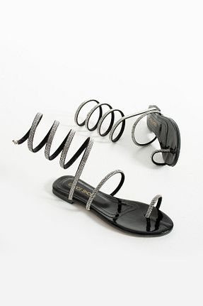 صندل مشکی زنانه پاشنه تخت Gökçe Shoes - کد 840156539