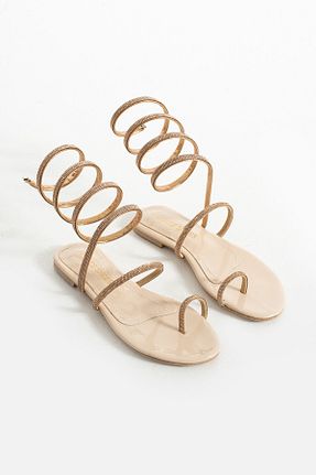 صندل بژ زنانه پاشنه تخت Gökçe Shoes - کد 840156472