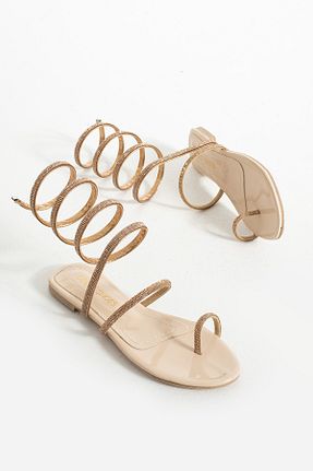 صندل بژ زنانه پاشنه تخت Gökçe Shoes - کد 840156472