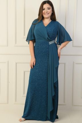 لباس مجلسی سایز بزرگ آبی زنانه یقه هفت پلی استر رگولار آستین استاندارد کد 829191330
