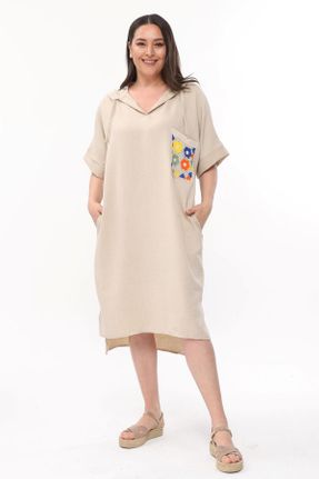 لباس بژ زنانه مخلوط کتان سایز بزرگ بافت کد 723301215