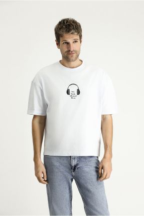 تی شرت سفید مردانه ریلکس یقه گرد کد 834864029
