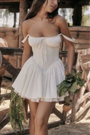 لباس سفید زنانه بافتنی بافت گلوژ بند دار کد 835066337