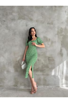 لباس سبز زنانه بافتنی پنبه - پلی استر - الاستن طرح گلدار اسلیم فیت آستین-کوتاه کد 833045717