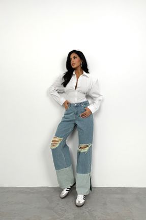 شلوار جین آبی زنانه فاق افتاده جین استاندارد بلند کد 790152493