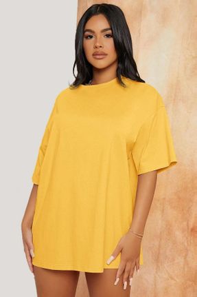 تی شرت زرد زنانه ریلکس یقه گرد تکی کد 798144904