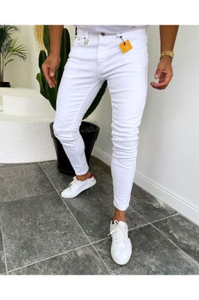 شلوار جین سفید مردانه پاچه تنگ پنبه (نخی) پوشاک ورزشی بلند کد 123735988