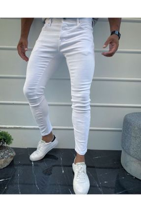 شلوار جین سفید مردانه پاچه تنگ پنبه (نخی) پوشاک ورزشی بلند کد 123744368
