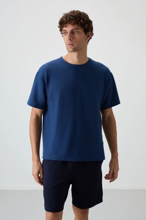 تی شرت آبی مردانه اورسایز یقه گرد پنبه - پلی استر تکی جوان کد 815770264