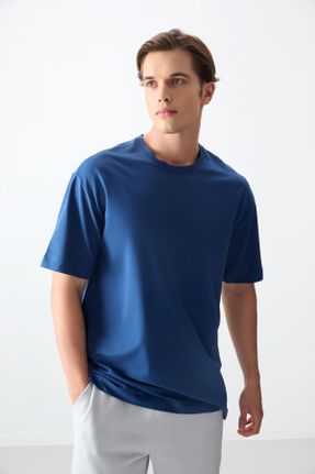 تی شرت آبی مردانه اورسایز یقه گرد پنبه - پلی استر تکی بیسیک کد 812609857