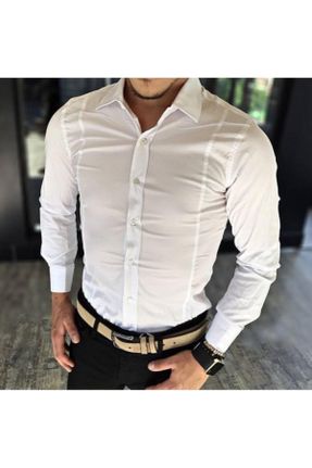 پیراهن سفید مردانه اسلیم فیت یقه پیراهنی پنبه (نخی) کد 124739570