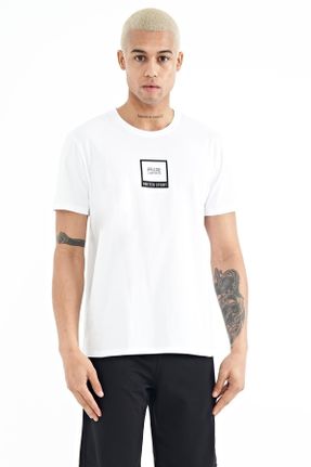 تی شرت سفید مردانه رگولار یقه گرد پنبه - پلی استر تکی جوان کد 683133021